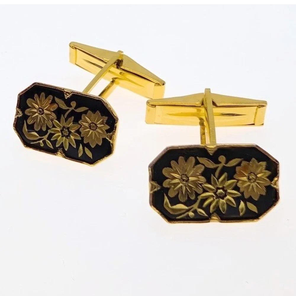 Vintage Damascene Cufflinks Black Gold Tone Floral Botanical
